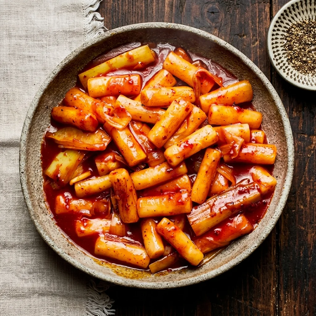 Tteokbokki Korean rice cakes at Snowy Village Pacific Ave in Saskatoon